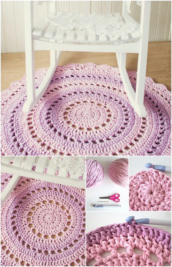Crochet T shirt Yarn Rug. Make this beautiful t shirt yarn rug for the favorite room in your house. 