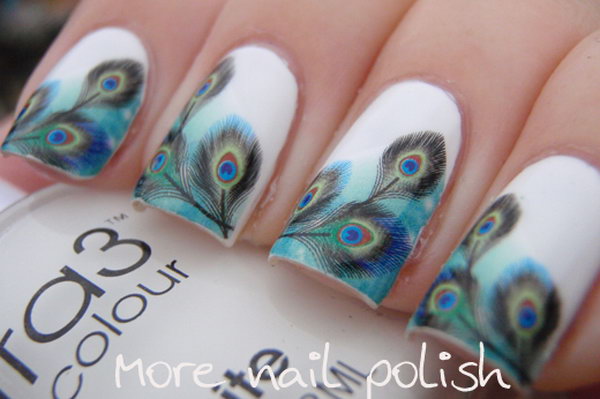 Peacock Feather Water Decal Nail Art. Very pretty! I have to say, I am really into this feather design. 