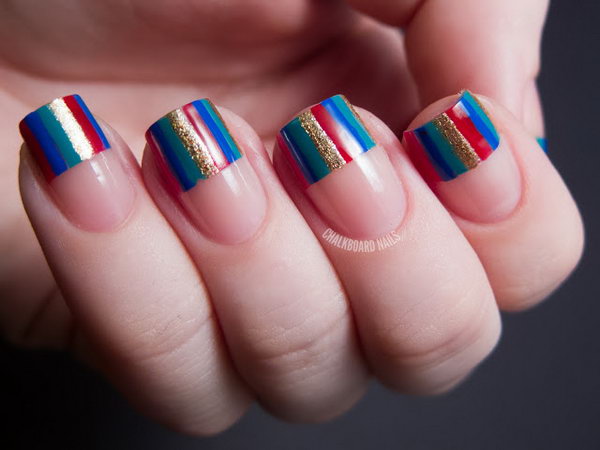 Colorful Stripes French Tipped Nails. Get the directions 