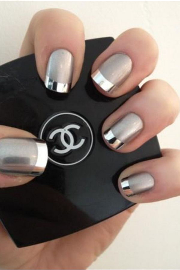 Metallic Silver French Manicure. Using a matte silver coat as based and tipped with shiny and metallic silver polish. This nail combines the classic French tip with the metallic trend perfectly! 