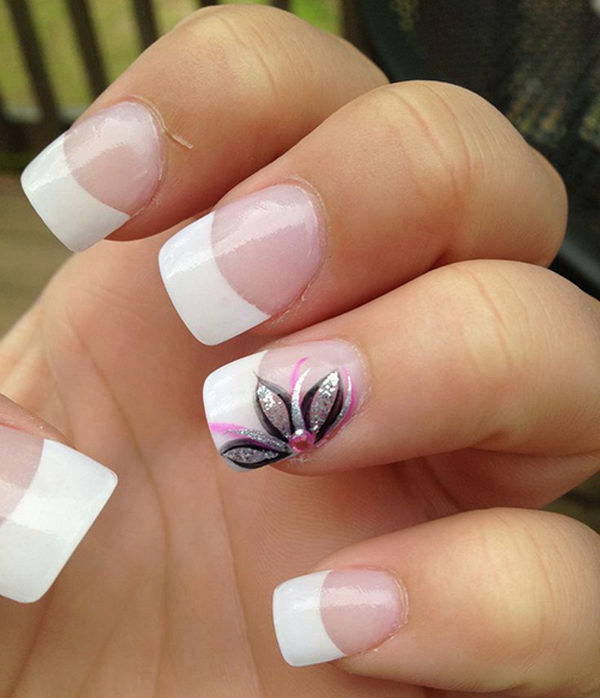 Classic French Tip Nails with a Piece of Flower Accented. 