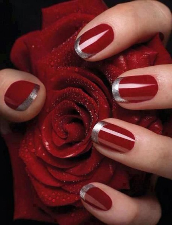 Bloody Red and Silver French Nail with Glitters. 
