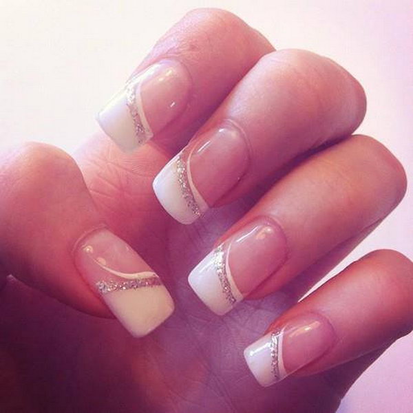 White and Glitter French Nail for Wedding. 
