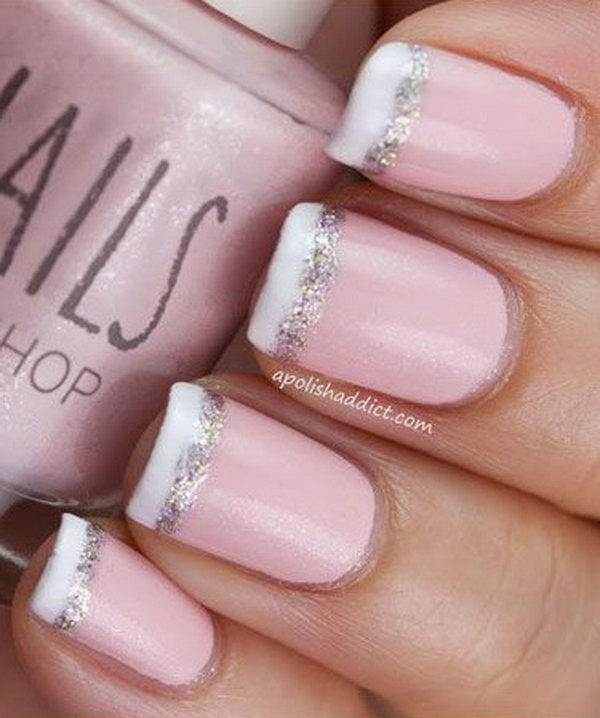 Awesome French Nail Tipped with White and Glitter . 