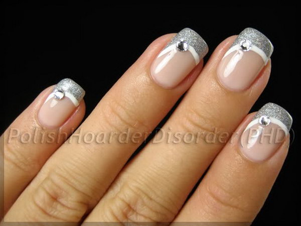 Silver Swoop French Manicure with Rhinestones. 
