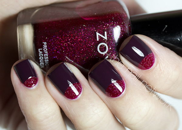 Glitter Red Half Moon Nails. See the tutorial 