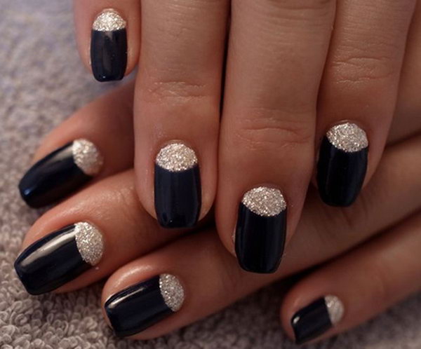 Black and Glitter Half Moon Nails. 