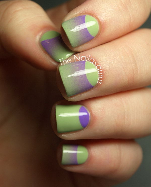 Green and Purple Combination Half Moon Nails. 
