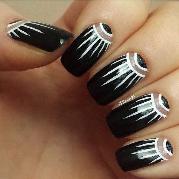 Black and White Stripped Half Moon Nail Design. 