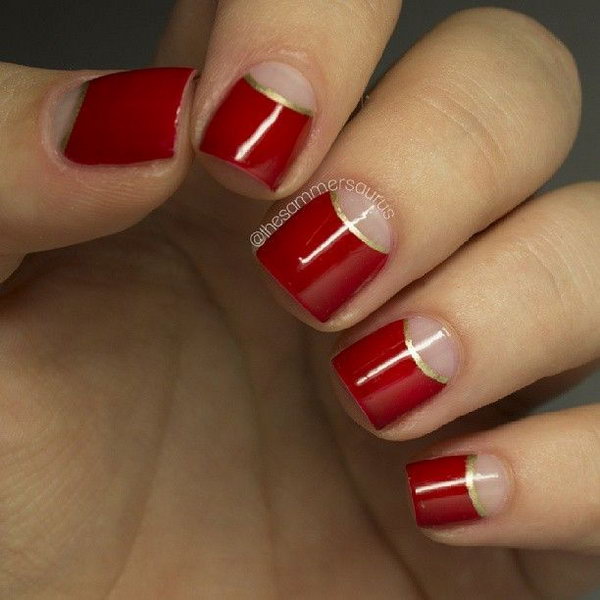 Red Half Moon Nails with a Bit of Gold. 