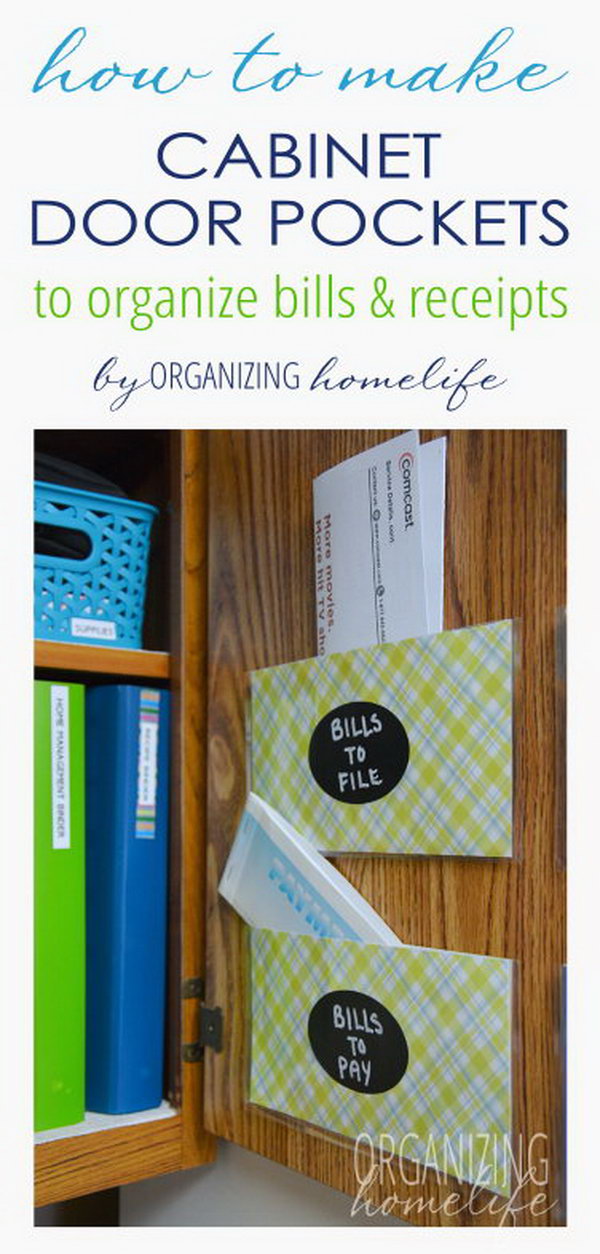 Organize Bills and Paperwork with DIY Cabinet Pockets. See how to make it 