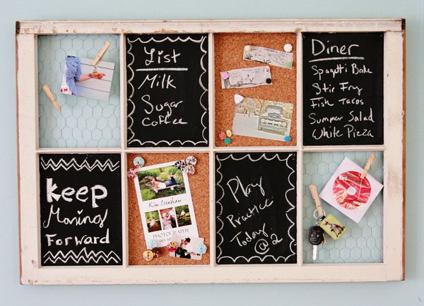 Re Purpose An Old Window. Give the old window a new life as a storage space for the home office. Use the chalkboard as the work remainders. 