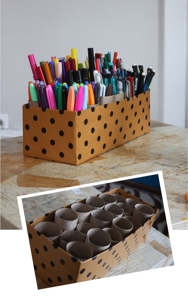 Creative Pens Organization Ideas. Just take old toilet paper tubs, line them in a pretty little box. An easy way to organize all those loose pens in the home office. 