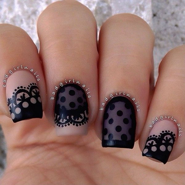 Black Lace and Dots Nail Design. 