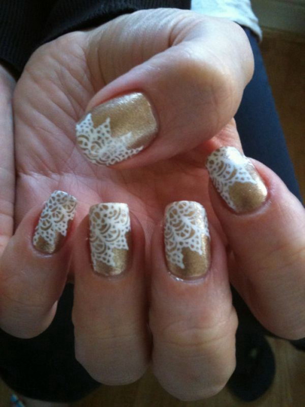 Gold Nails with White Lace. 