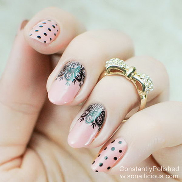 Lace Nails with Polka Dots. 