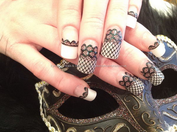 French Tip Acrylic Nails With Black Lace. 