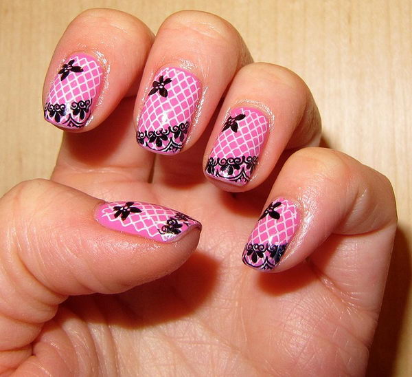 Pink Nails with Lace and Grid. 