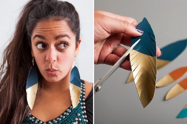 Gold Dipped Leather Feather Earrings. Get the tutorial 