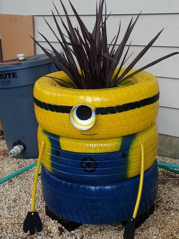 Minion Painted Planter Made with Old Tires. 