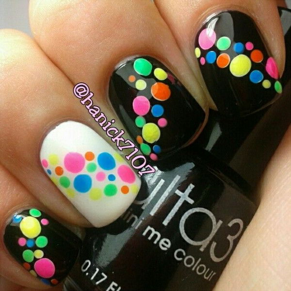 Neon Dots on Black and One White Accent Nails. 