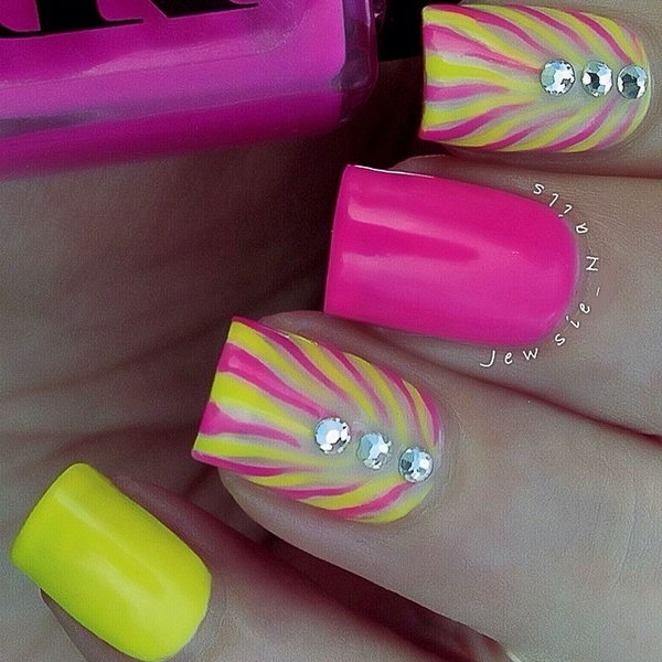 Pretty Neon Nail with Gems. 