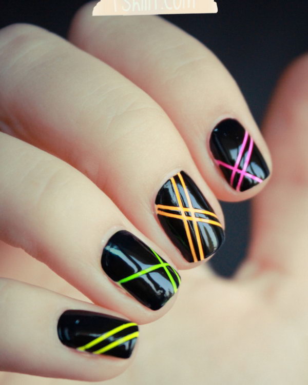 Neon Strip Nails on Black Base. 