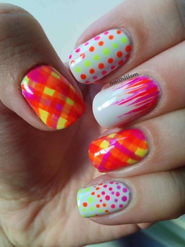 Dots and Tartan Neon Nails. 