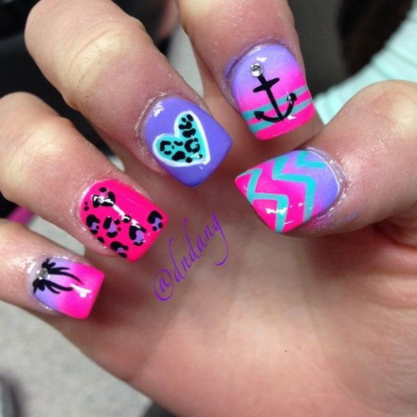 Anchor and Heart Neon Nail Designs. 