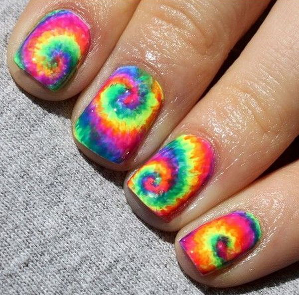 Neon Rainbow Tie Dye Nail Art. 