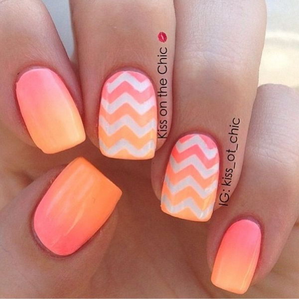 Sunset and Chevron Patterned Neon Nails. 