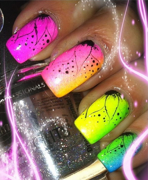 Neon Ombre Nails with Hand Draw Flowers. 