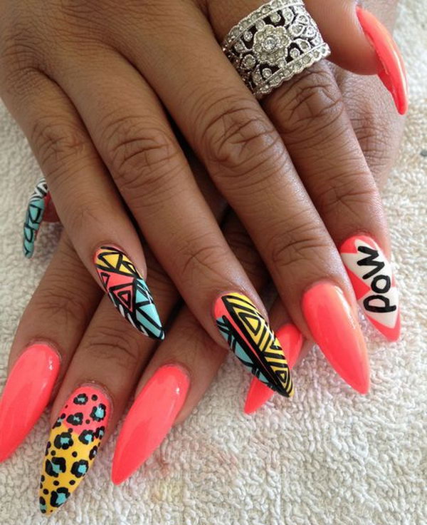 Long Sharp and Tribal Neon Nails. 