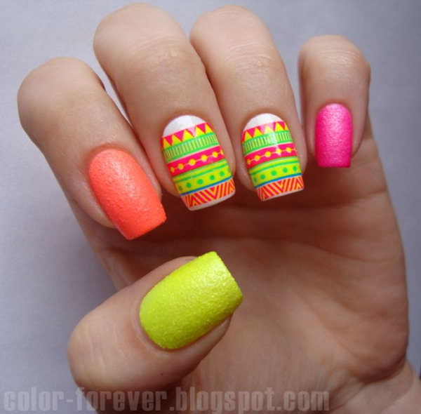 Patterned Neon Nails. 