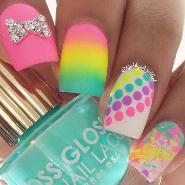 Patterned Neon Nails Accented with Rhinestone Nails. 
