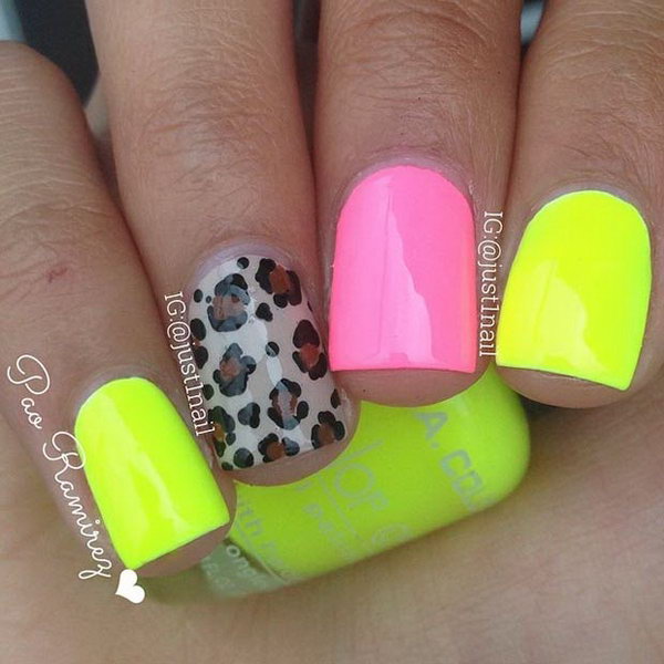 Neon and Cheetah Accent Nail Designs. 