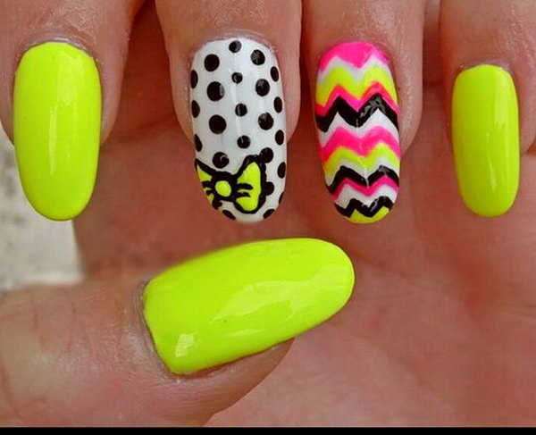 Polka Dots and Bow Neon Nail Design. 