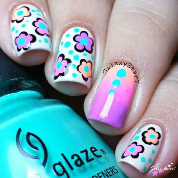 Cream Base with Neon Flowers and Dots Accent Nails. 
