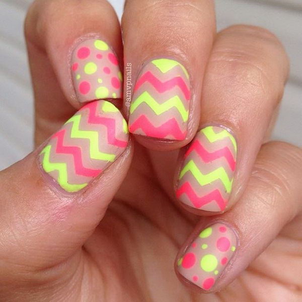 Neon Chevron and Polka Dots Nails. 