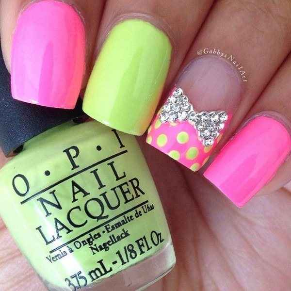 Bow and Polka Dots Neon Nail Design. 