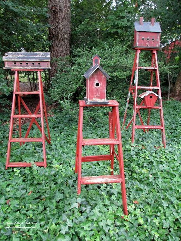 Repurpose Ladders into Birdhouse Stands. 