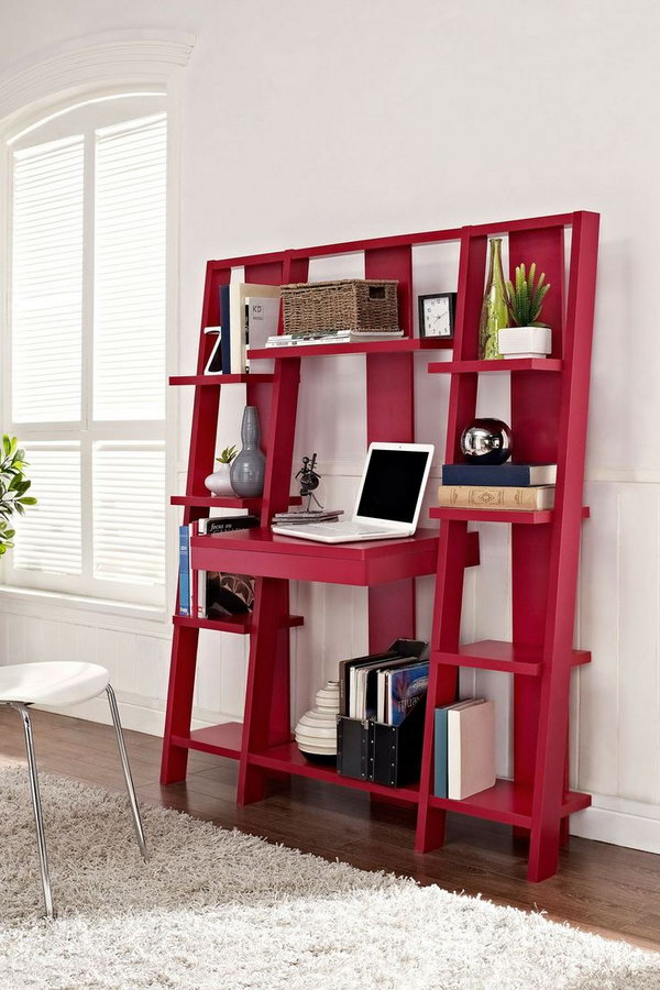 Red Ladder Bookcase with Desk. 