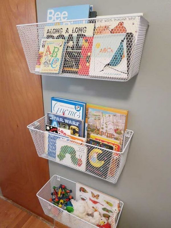 Chicken wire Baskets Used as Book Racks. Get more directions 