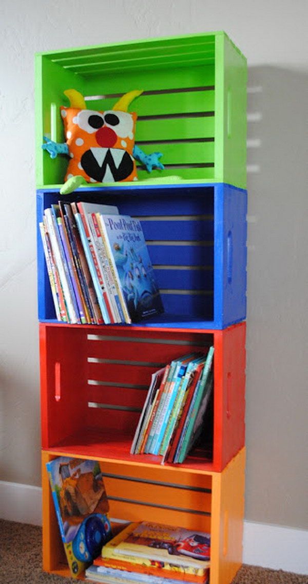 Multi color Painted Wooden Crates Bookcase. See the instructions 