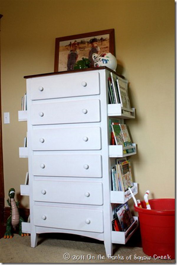 DIY Bookshelf Made with the Sides of a Dresser and IKEA Spice Racks. Get the tutorial 