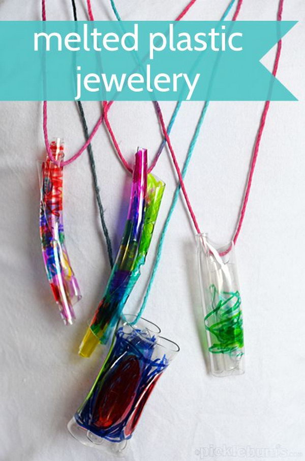DIY Melted Bottle Jewelery. Make beautiful melted bottle jewelry and discover how heat affects plastic. Experimenting is a lot of fun for kids. Tutorial via 