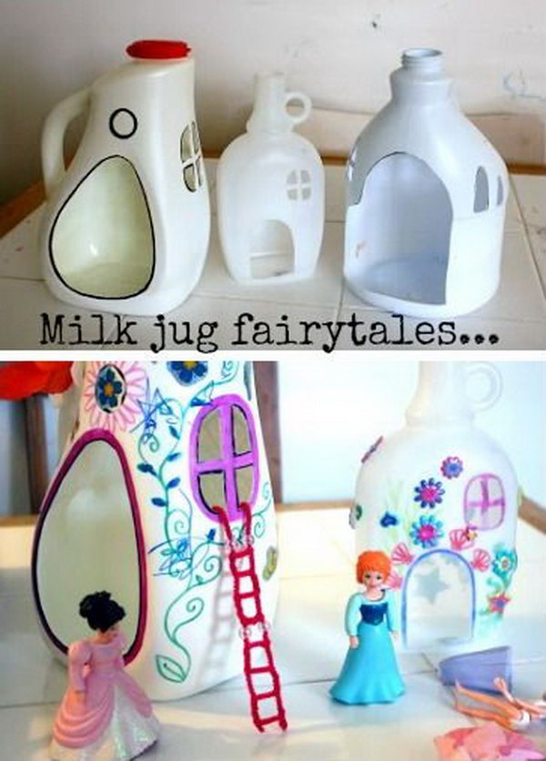 DIY Plastic Bottle Fairy Houses. Adorable idea for recycling.  It’s hard to imagine a girl not in fond of fairy. Tutorial via 