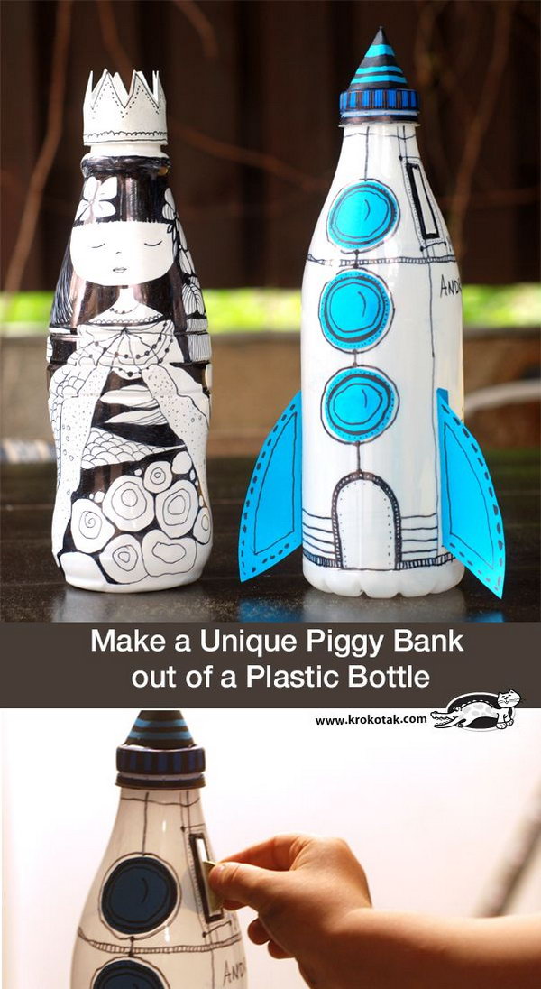 Unique Rocket Bank Made out of Plastic Bottle. Easy, cute craft idea that's great for kids. Tutorial via 
