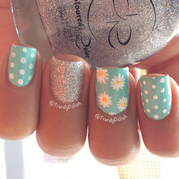 Flowers, Glitter and Polka Dots Nail Art. A perfect nail design for spring season. 