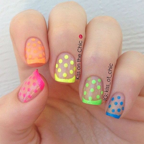 Neon French and Polka Dots over Clear Glitter Nail Art Design. 